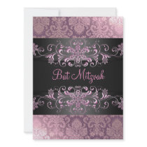 Pink Bat Mitzvah Snow & Damask Birthday Invite