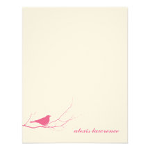 Pink bird on branch ecru thank you note card invite