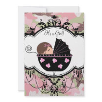 Pink Black Camouflage Baby Girl Shower Invitations