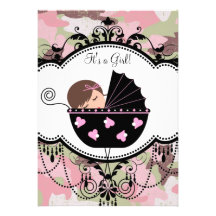 Pink Black Camouflage Baby Girl Shower Invitations