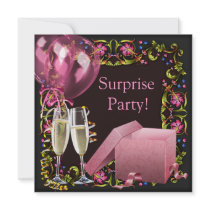 Pink Black Champagne Balloons Surprise Party Custom Announcement