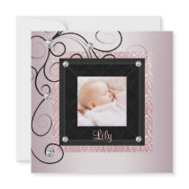 Pink Black Damask Baby Girl Photo Birth Custom Invitation