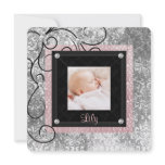 Pink Black Damask Baby Girl Photo Birth invitations