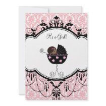 Pink Black Damask Baby Girl Shower Invitations