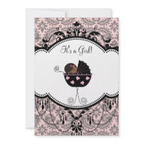 Pink Black Damask Baby Girl Shower Invitations