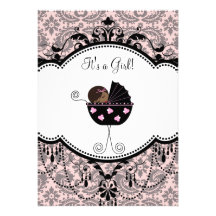 Pink Black Damask Baby Girl Shower Invitations