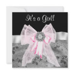 Pink Black Damask Bow Baby Girl Shower invitations