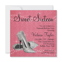 Pink Black Damask High Heels Sweet 16 Party Personalized Invites