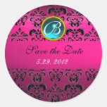 PINK BLACK DAMASK MONOGRAM , blue turquase,fuchsia Round Sticker