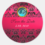 PINK BLACK DAMASK MONOGRAM ,red ruby ,fuchsia blue Round Sticker