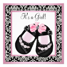 Pink Black Damask Shoes Baby Girl Shower Invitation