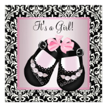 Pink Black Damask Shoes Baby Girl Shower Announcements