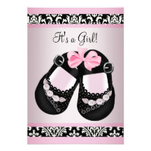 Pink Black Damask Shoes Baby Girl Shower RSVP Invitations