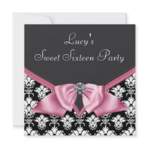 Pink Black Damask Sweet 16 Party Custom Invites