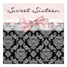 Pink Black Damask Sweet Sixteen Birthday Party Announcement