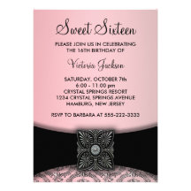 Pink  Black Damask Sweet Sixteen Party Custom Invites