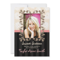 Pink Black Damask Sweet Sixteen Photo Invitations