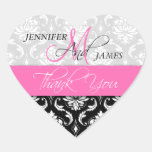 Pink, Black Damask Wedding Favour Heart Sticker