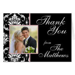 Pink Black Damask Wedding Photo Thank You Card