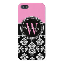 Pink, Black Damask Your Initial, Your Name iPhone 5 Covers