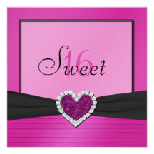 Pink, Black FAUX Glitter Heart Sweet 16 Invite