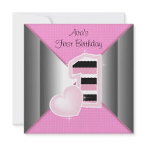 Pink Black Girls 1st Birthday Party Invitation