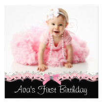 Pink Black Girls Photo 1st Birthday Party invitations
