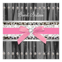 Pink Black Pearl Leopard Sweet 16 Party Announcements