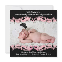Pink Black Photo Baby Girl Birth Announcement