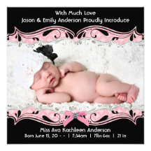 Pink Black Photo Baby Girl Birth Announcement