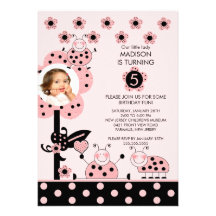 Pink & Black PHOTO Ladybug Birthday Invitation