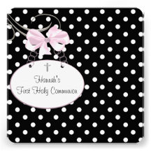Pink Black Polka Dot Cross Girls First Communion Custom Announcement