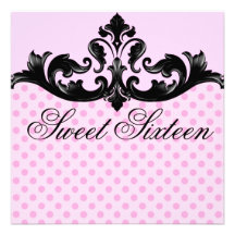 Pink & Black Polka Dot Damask Birthday Invitation