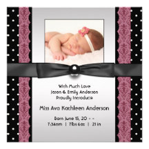 Pink Black Polka Dot Girl Photo Birth Announcement