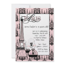 Pink Black Poodle Paris Girls 13th Birthday Party Personalized Invite