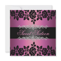 Pink & Black Rose Sweet 16 Birthday Invitation