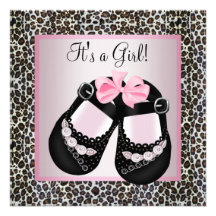 Pink Black Shoes Pink Leopard Baby Girl Shower Personalized Announcement