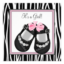Pink Black Shoes Pink Zebra Baby Girl Shower Invitations