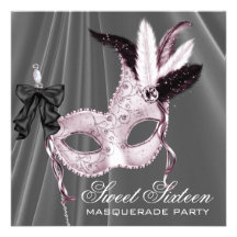 Pink Black Sweet 16 Masquerade Party Custom Invitation