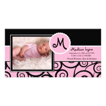 Pink & Black Swirl Baby Girl Birth Photo Cards