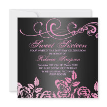 Pink/Black Swirl Rose Sweet 16 Birthday Invite