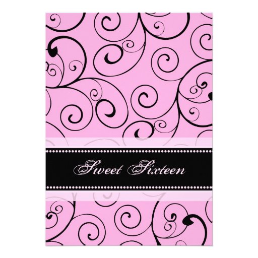 Pink Black Swirls 16th Birthday Party Invitations