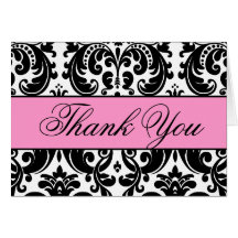 Pink Black White Damask Thank You Card