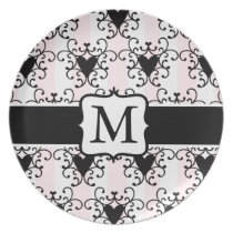Pink, Black, White Stripes Hearts Monogram Plates plates