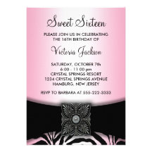 Pink & Black Zebra Sweet Sixteen Party Personalized Invites