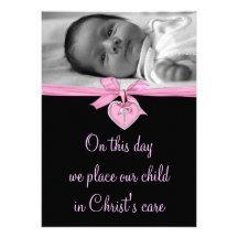 Pink Bow Baby Girl Photo Christening Personalized Invitations