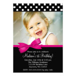 Pink Bow Polka Dots 1st Birthday Girl Photo Announcements