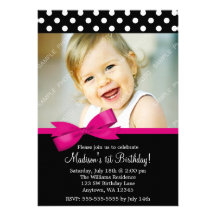Pink Bow Polka Dots 1st Birthday Girl Photo Announcements