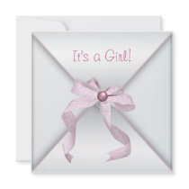 Pink Bow White Baby Girl Shower Invitations