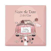 Pink Bride and Groom Getaway car "Save the Date" Magnets